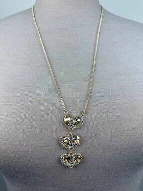 Alexa Rae Rhinestone Heart Drop Necklace Gold Tone 30"